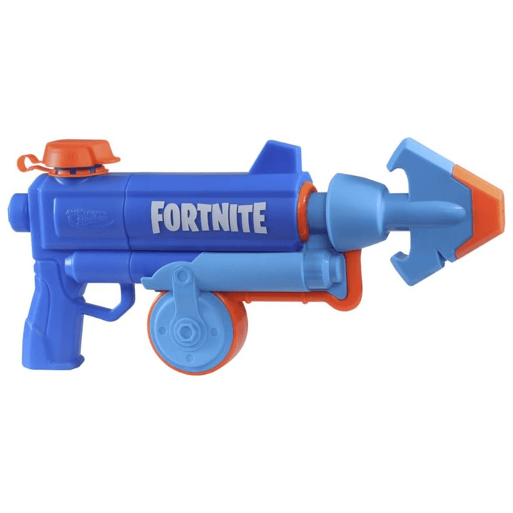blue and orange super soaker water blaster with fortnite branding on the front