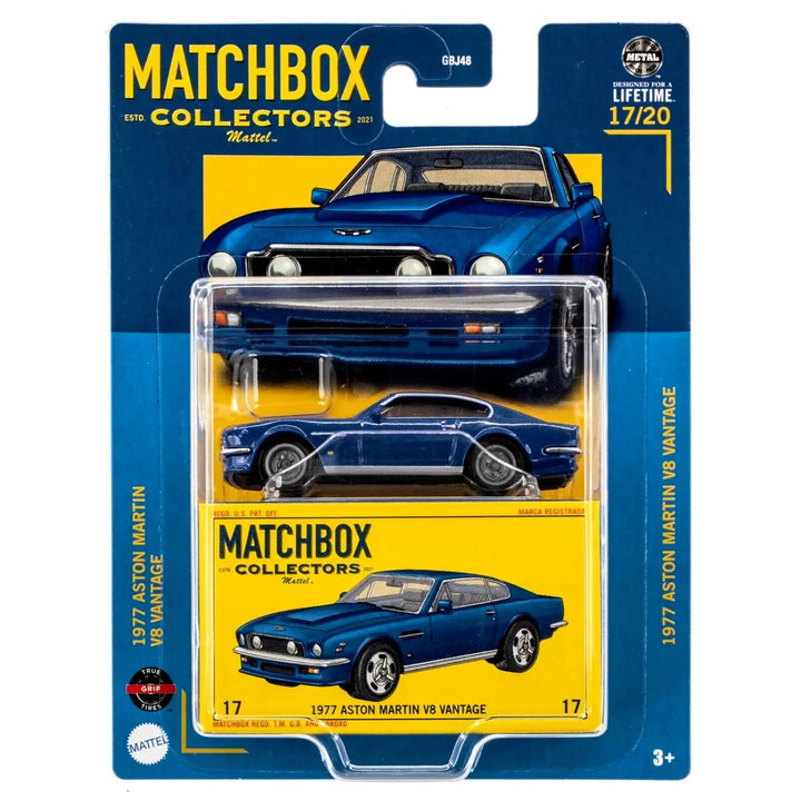 Matchbox Collectors blue 1977 Aston Martin V8 Vantage model car in packaging