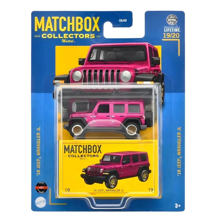 Matchbox Collectors Pink 2018 Jeep Wrangler model car in packaging