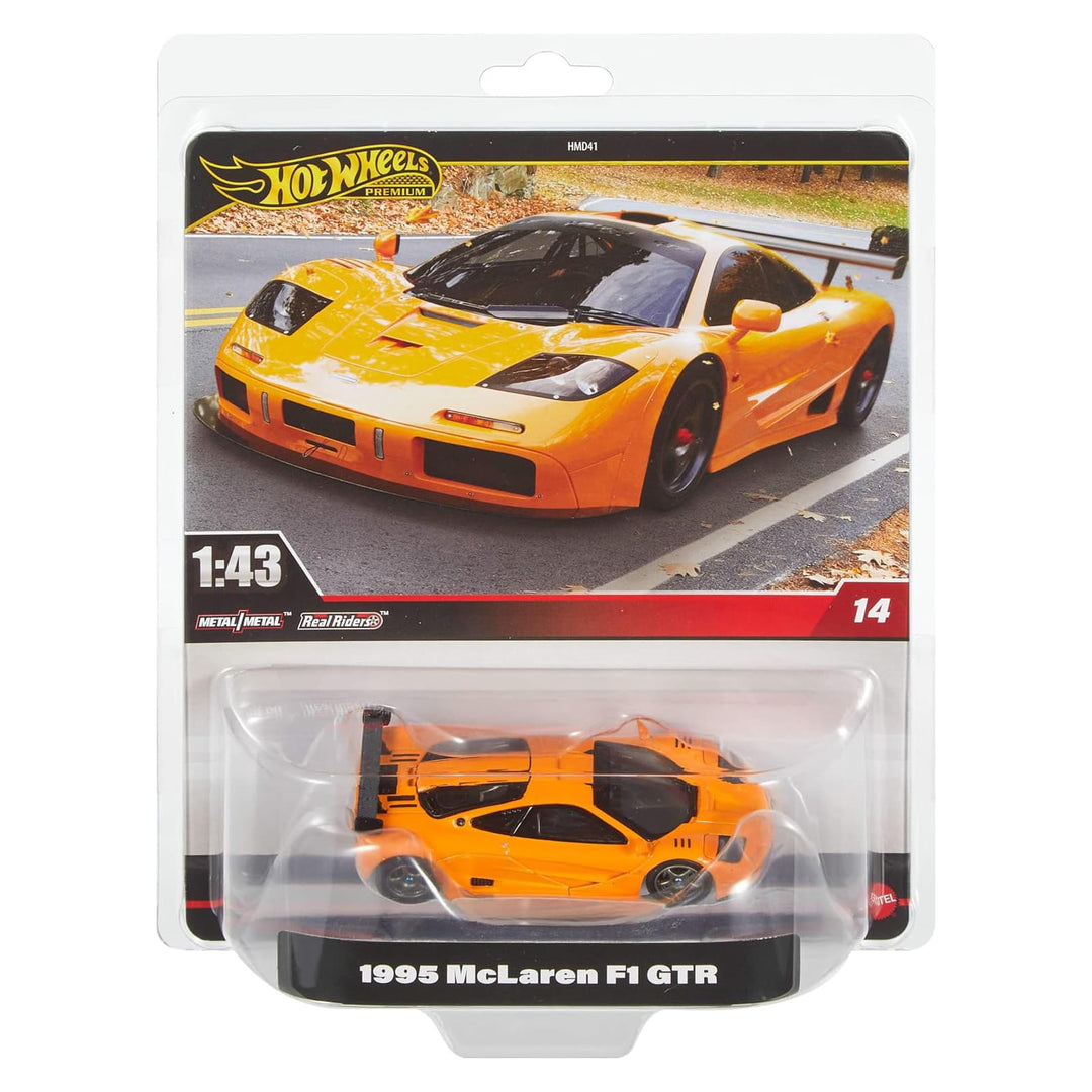 Orange 1995 McLaren F1 GTR Hot Wheels Premium 1:43 scale die-cast metal car in display packaging