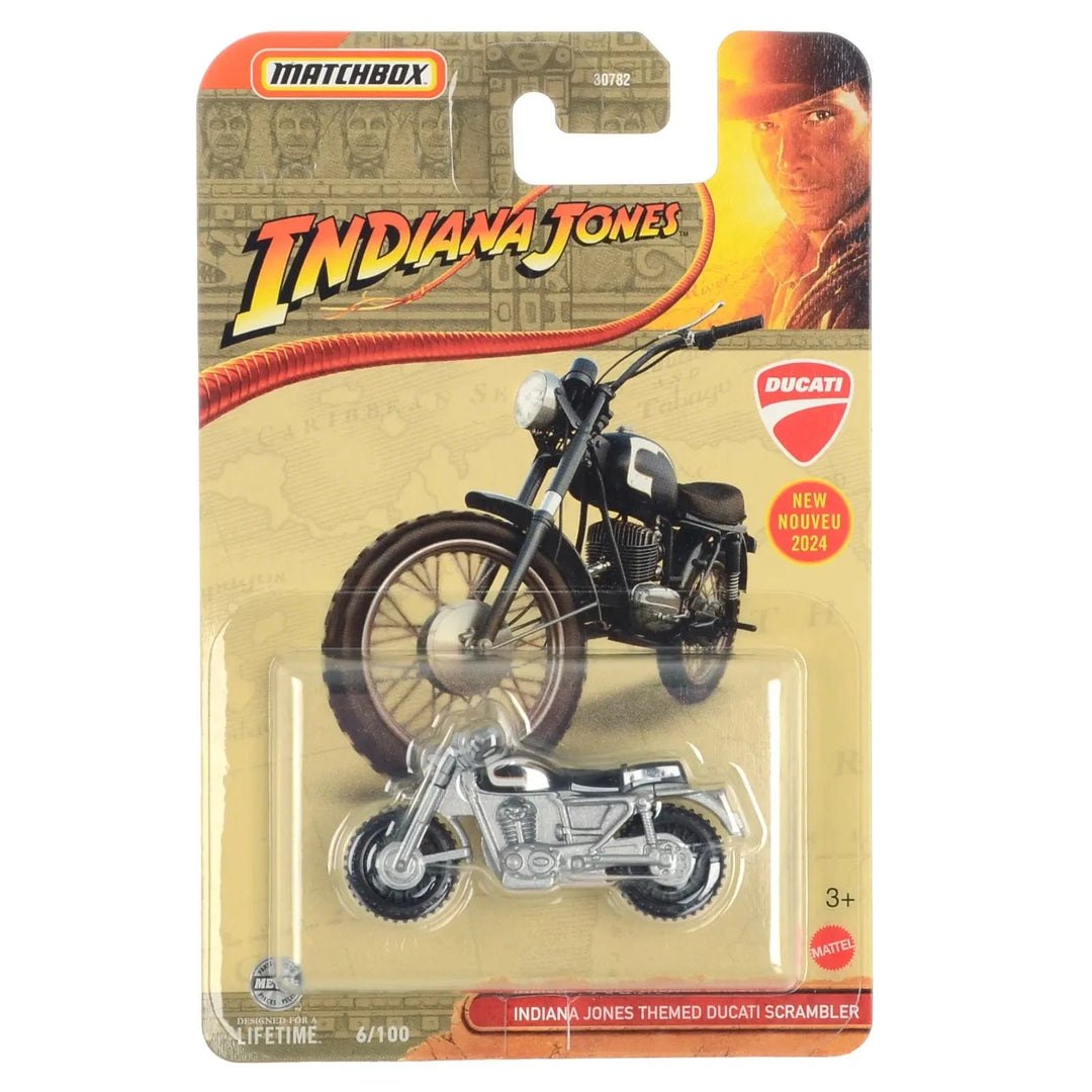 Indiana Jones themed Ducati Scrambler bike from Matchbox die-cast collection 30782