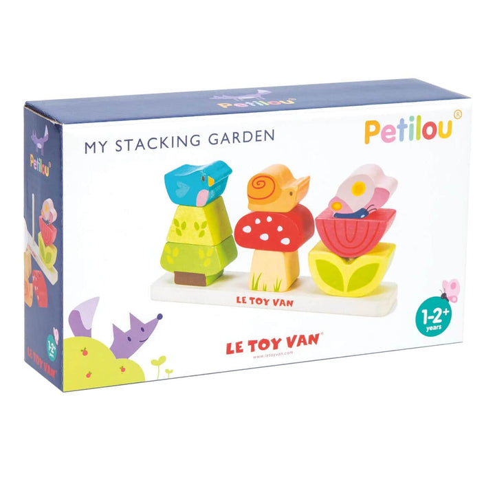 Petilou My Stacking Garden toy set packaging with colourful woodland shapes