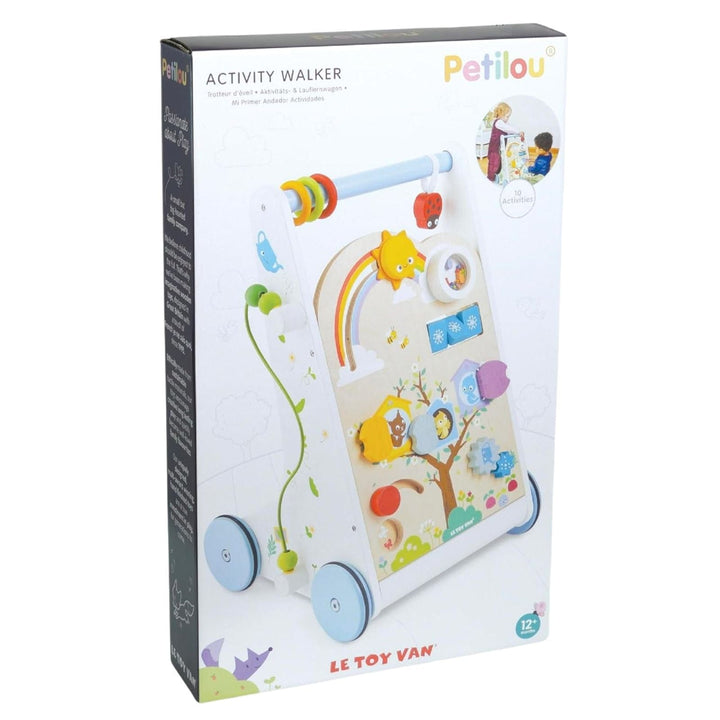 le toy van activity walker in cardboard colourful packaging with petilou branding to the top