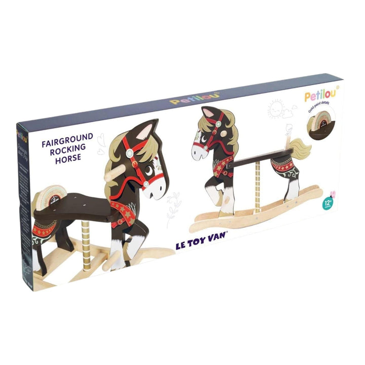 Wooden rocking horse toy with le toy van packaging on a white background