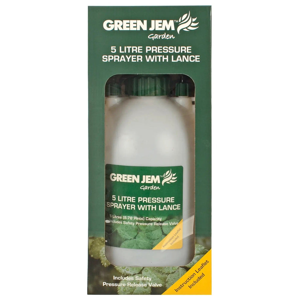Box packaging for a 5 litre pressure sprayer with lance from Green Jem garden