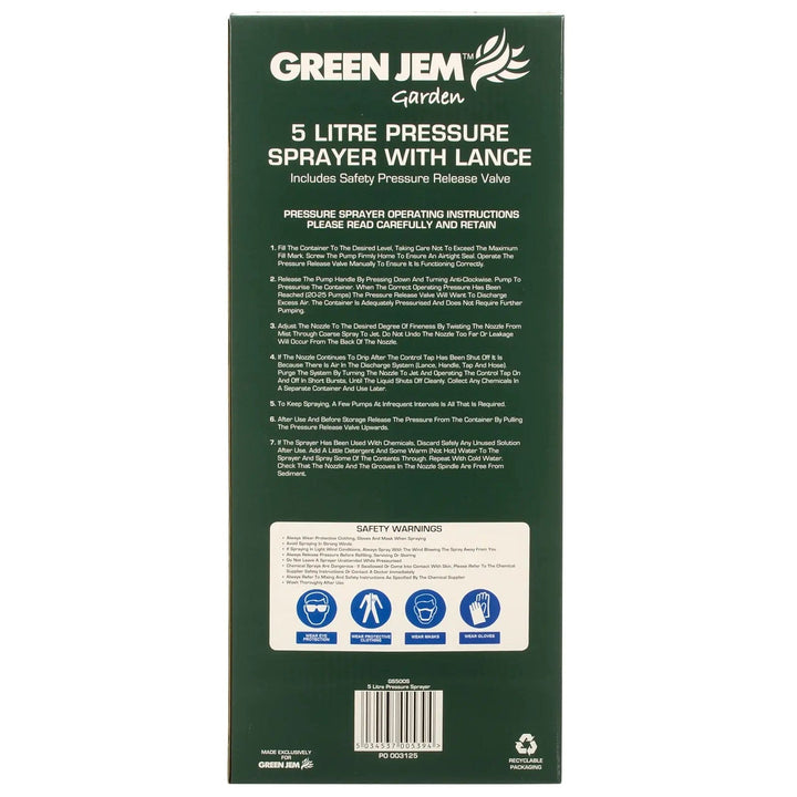 Back of the box of 5 litre pressure sprayer showing how to use and safety warnings