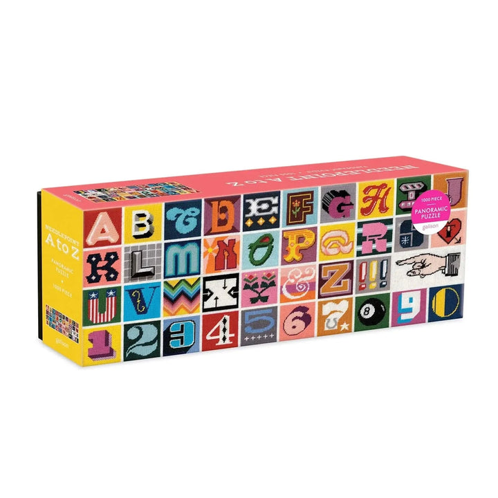 Needlepoint A to Z panoramic jigsaw puzzle with 1000 pieces in the box