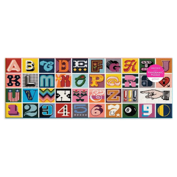 Panoramic 1000 piece jigsaw puzzle with Needlepoint alphabet and numbers design