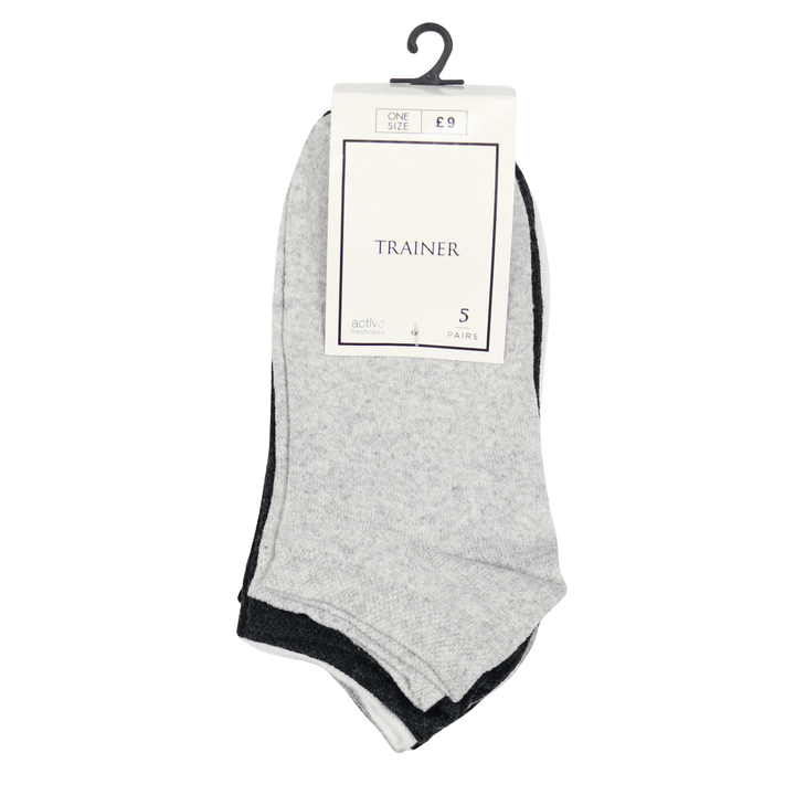 5 pairs of assorted colour ladies socks with active freshness technology in one size, printed on cardboard packaging with hook for hanging - grey colour at top