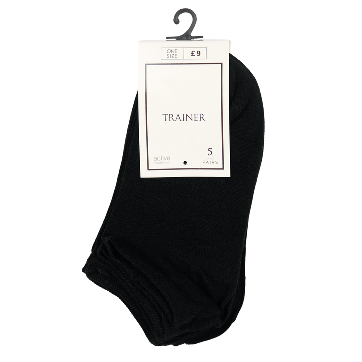 5 pairs of black colour ladies socks with active freshness technology in one size, printed on cardboard packaging with hook for hanging