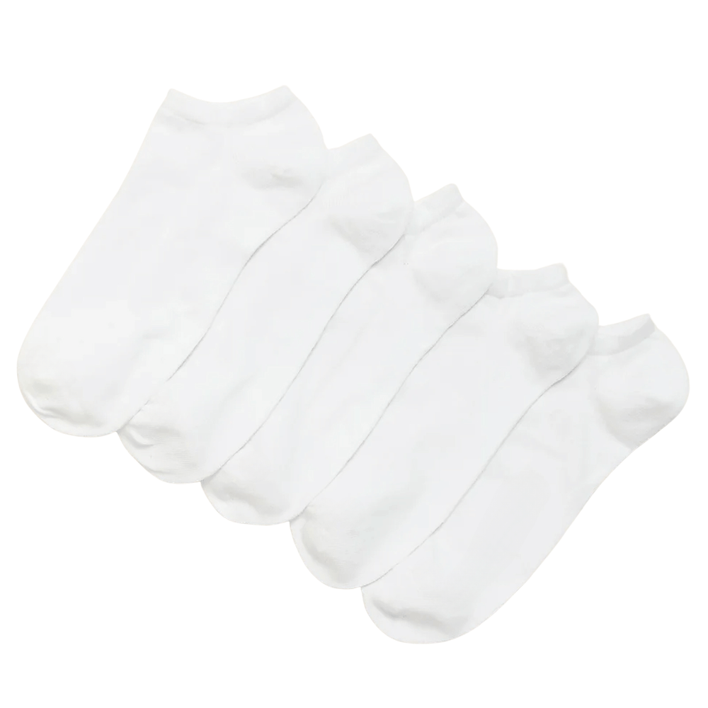 5 pairs of white ladies trainer socks placed beside each other on white background