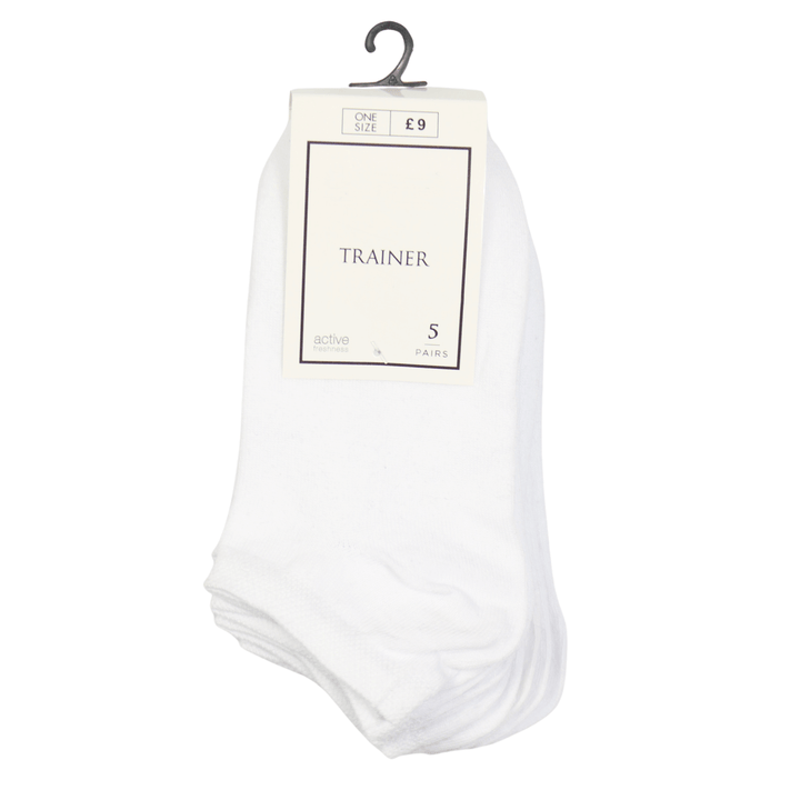 5 pairs of white colour ladies socks with active freshness technology in one size, printed on cardboard packaging with hook for hanging