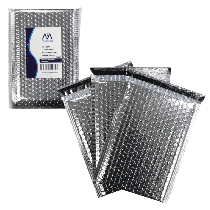 set of 3 silver bubble mailers together on white background with M7 packaging logo
