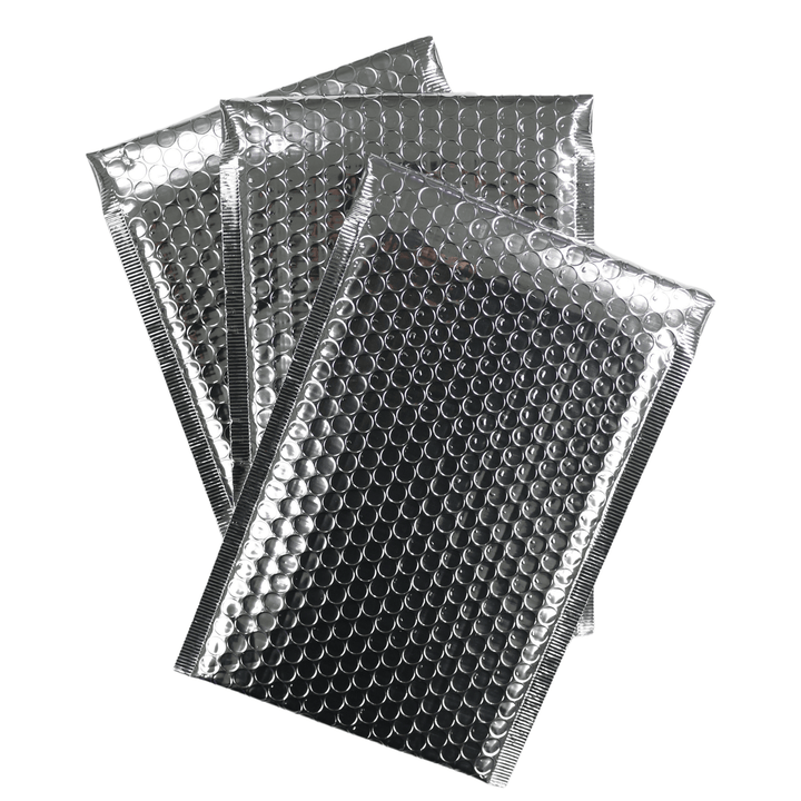 front view of 3 silver bubble mailers on white background