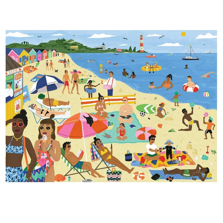 Illustration of a busy and colourful summer beach scene with lots of people