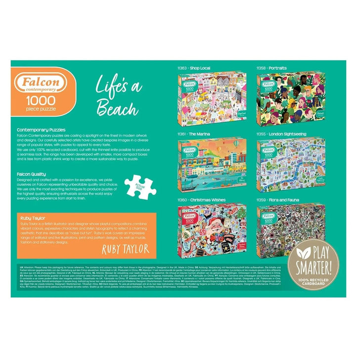 Back of the box of Falcon Contemporary life's a beach jigsaw puzzle with 1000 pieces