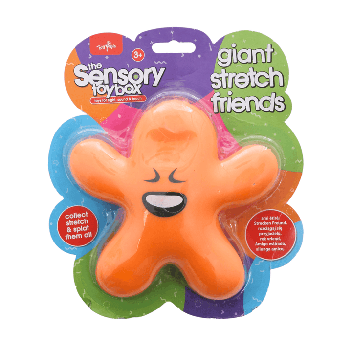 orange giant stretch friends with paper packaging featuring 'toy mania' brand logo, 'the sensory toy box -toys for sight, sound and touch' details with collect, stretch and splat them all.