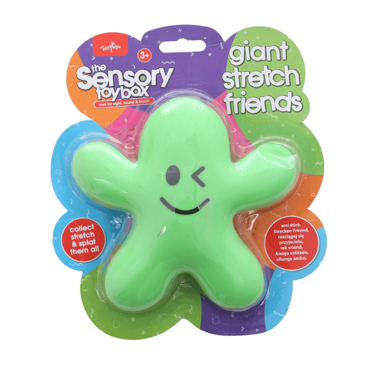 green giant stretch friends with paper packaging featuring 'toy mania' brand logo, 'the sensory toy box -toys for sight, sound and touch' details with collect, stretch and splat them all.