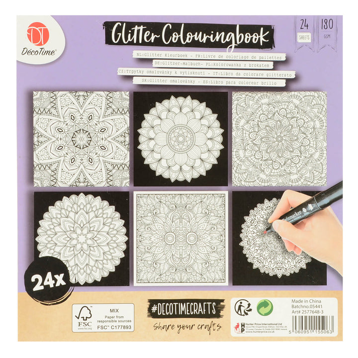 Back of a Mandela glitter colouring book showing 6 themed designs