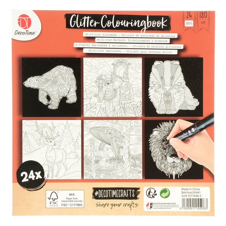 Back of an animals glitter colouring book showing 6 themed designs