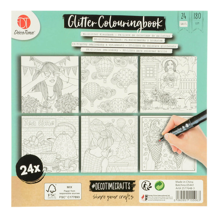 Back of a Lovely Day glitter colouring book showing 6 themed designs