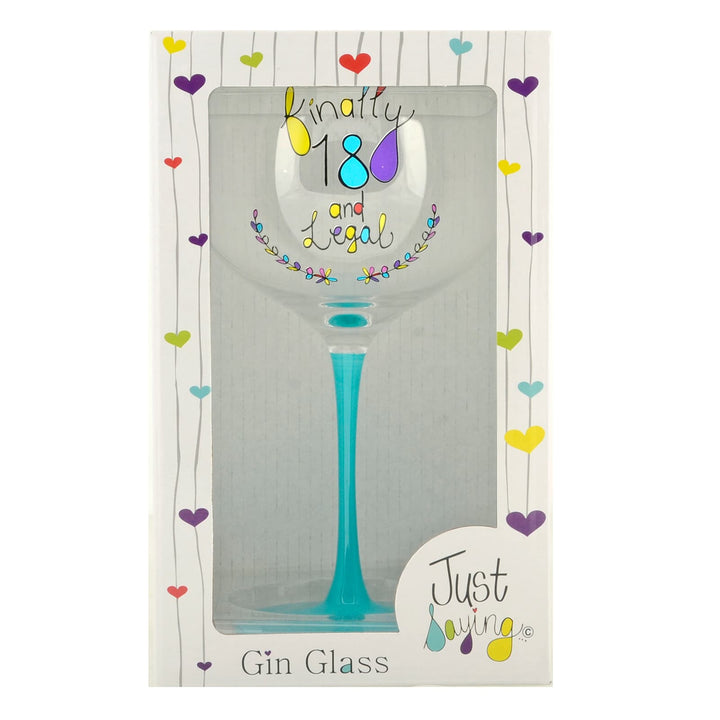 Gin glass with Finally 18 and Legal birthday message and aqua stem in gift box