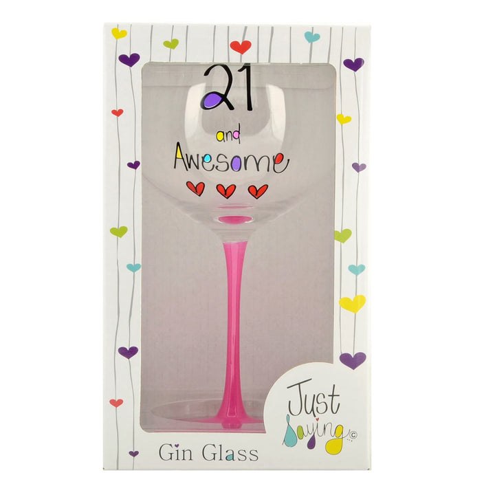 Gin glass with 21 and Awesome birthday message and pink stem in gift box