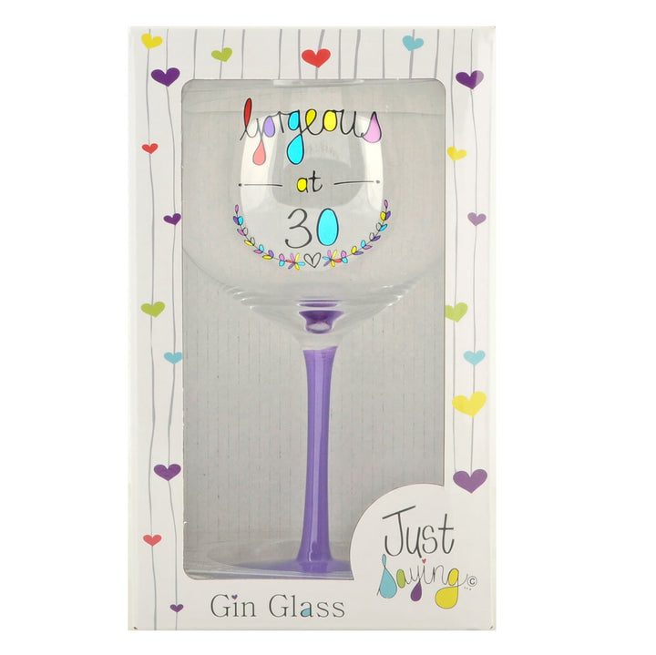 Gin glass with Gorgeous at 30 birthday message and purple stem in gift box