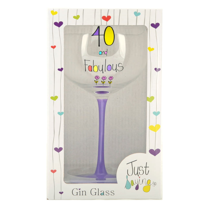 Gin glass with 40 and Fabulous birthday message and purple stem in gift box