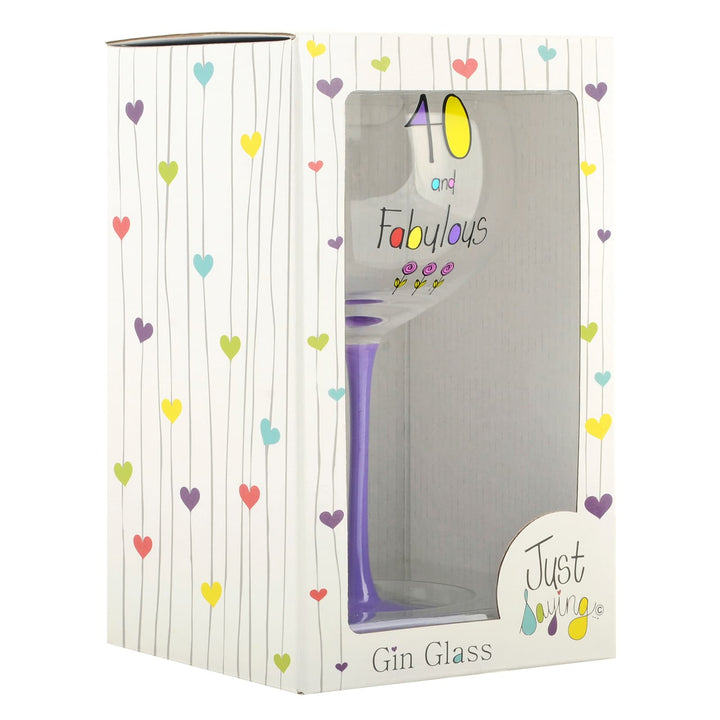 side view of Just Saying birthday gin glass in gift box packaging