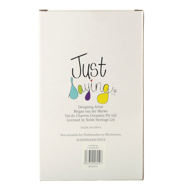 Back of the box of Just Saying gin glass