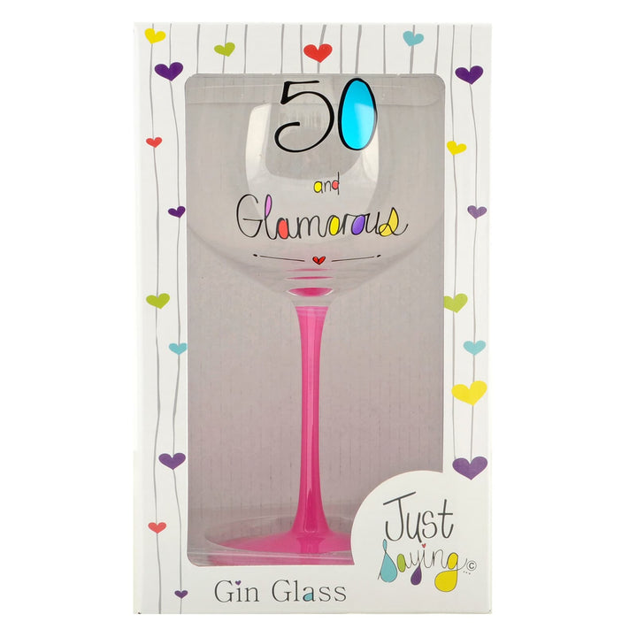 Gin glass with 50 and Glamorous birthday message and pink stem in gift box
