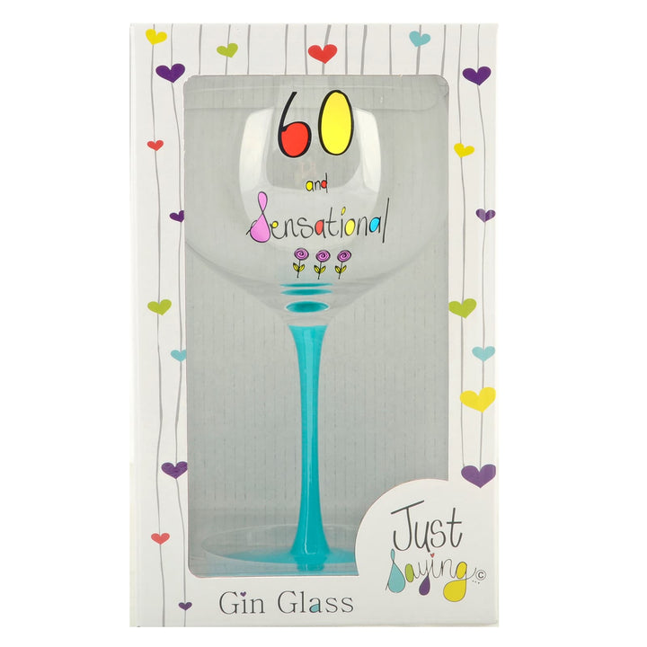 Gin glass with 60 and Sensational birthday message and aqua stem in gift box