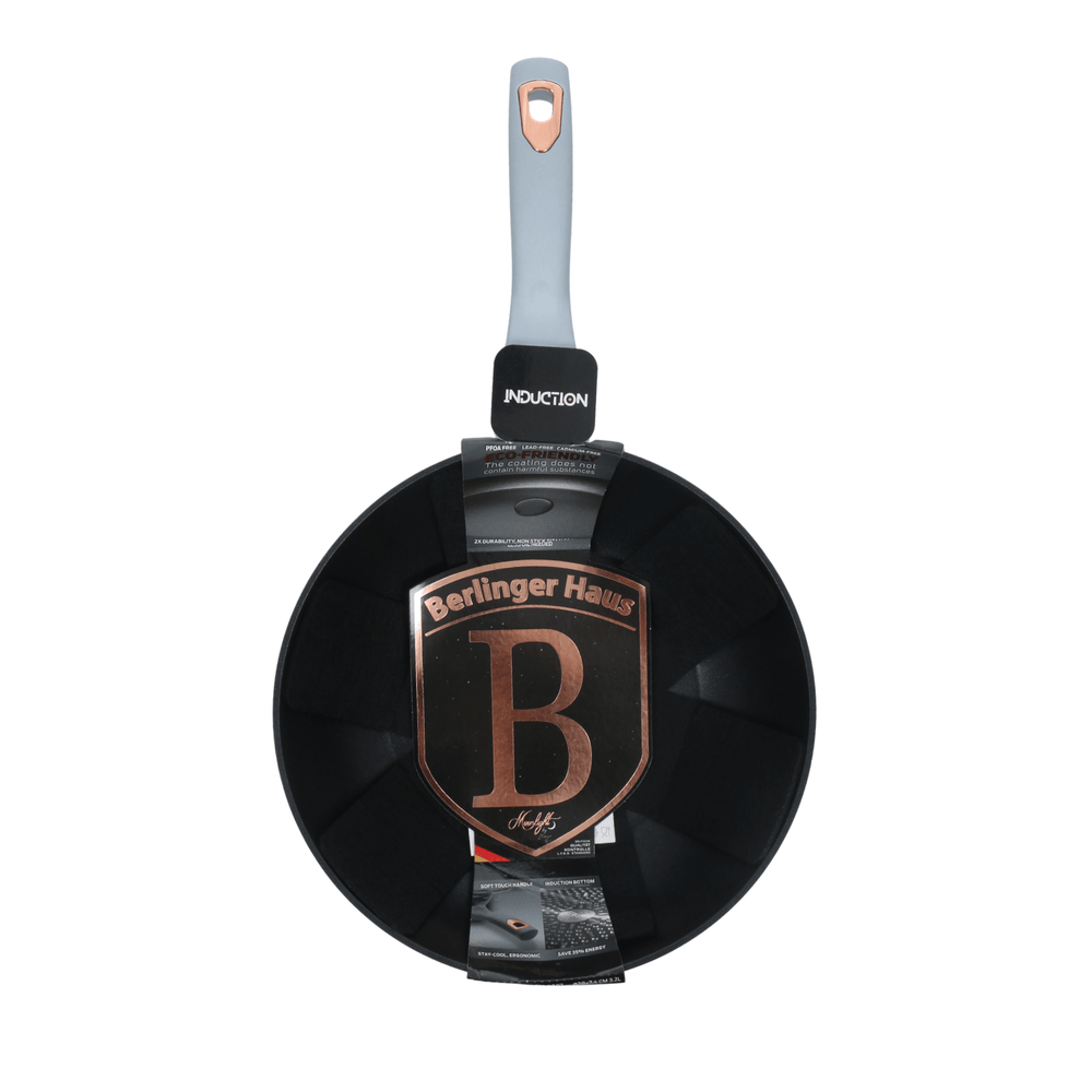 Black frying pan with a blue handle featuring the Berlinger Haus brand on a white background.