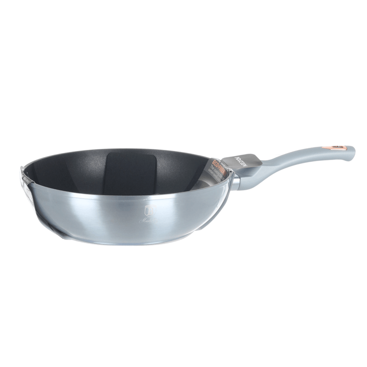 Stainless steel wok with a blue handle on a white background