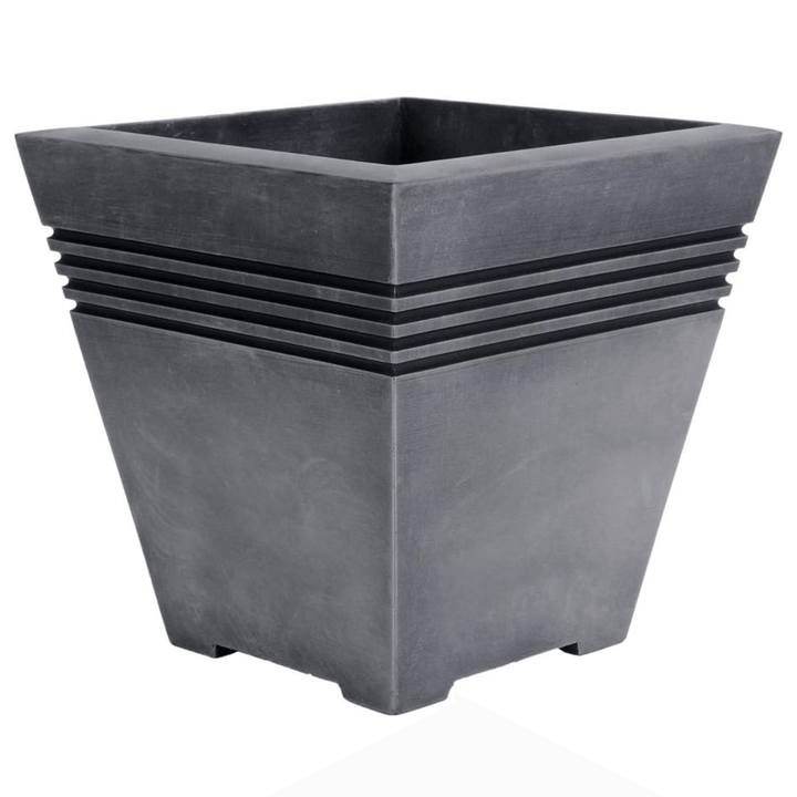 grey pewter colour square planter with ridged indent design to the top on white background