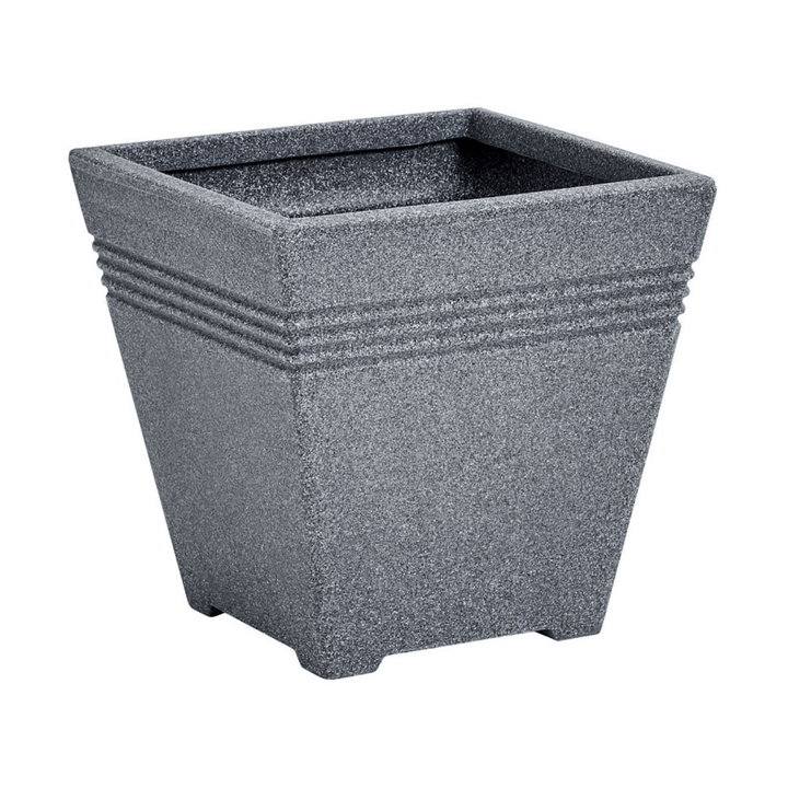 grey ash colour square planter on white background, ridged design to the top, plastic material