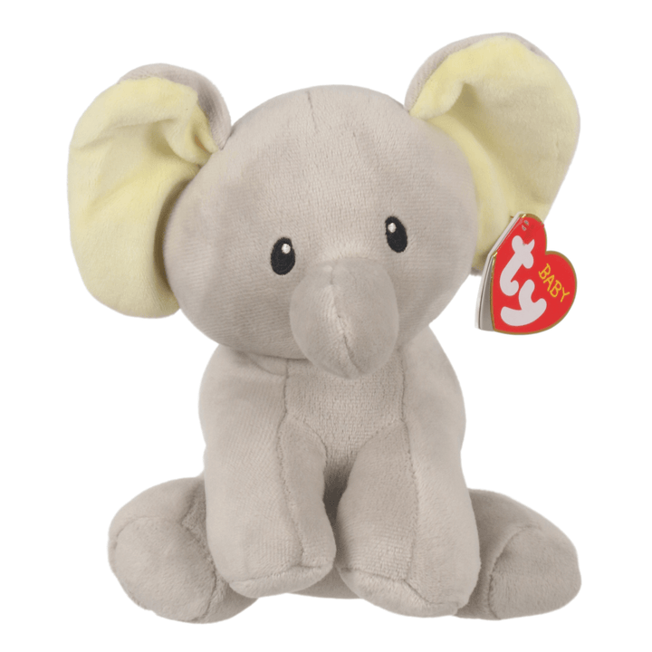little plush elephant toy with yellow ears and ty baby tag