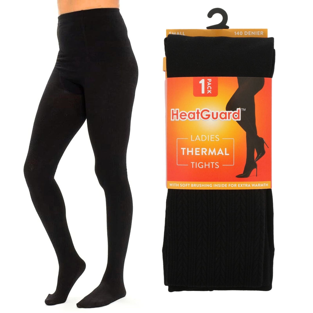 Black thermal tights with HeatGuard packaging on a white background