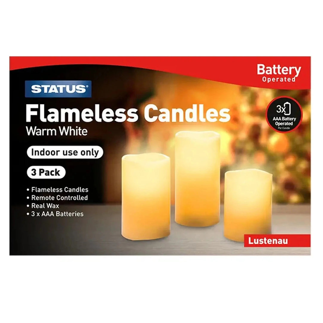 Box pack of 3 Flameless Candles with warm white LED flicker lights