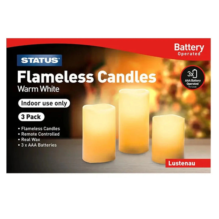 Box pack of 3 Flameless Candles with warm white LED flicker lights