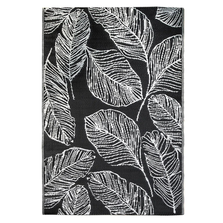 Charcoal and white leaf pattern washable floor rug