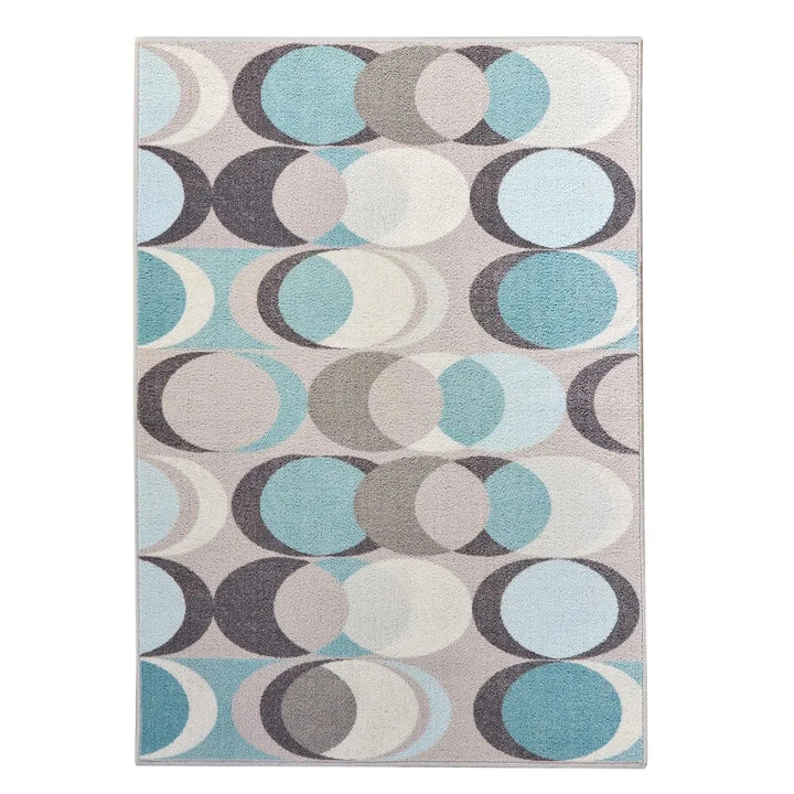 Duck egg blue and grey circles design rectangle washable floor rug