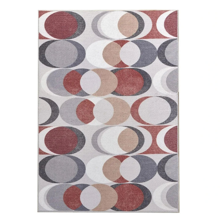 Red spice and grey circles design rectangle washable floor rug
