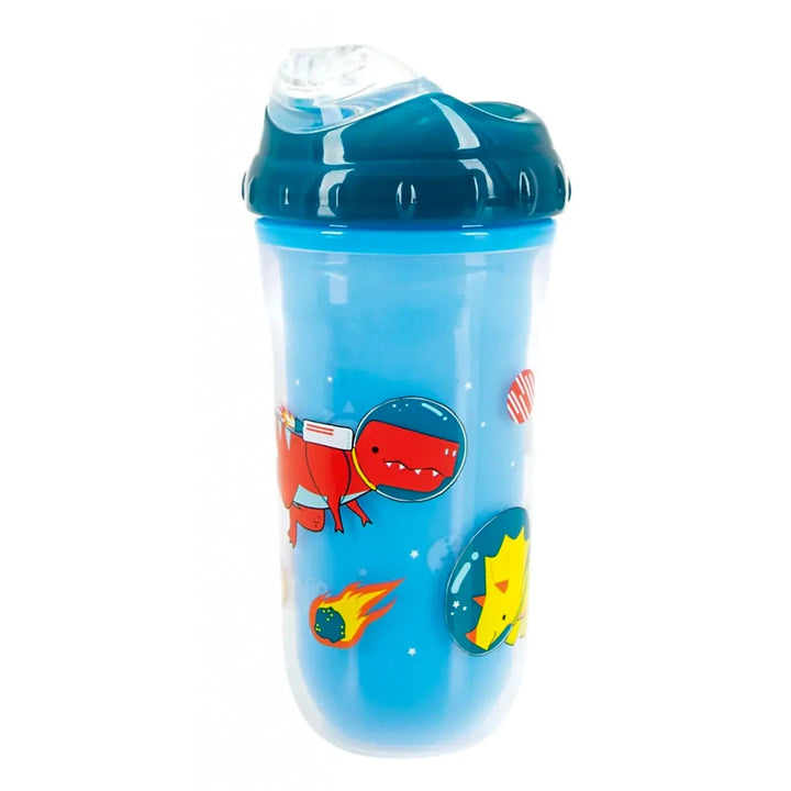 Children's blue sippy cup with space-themed dinosaur design on a white background