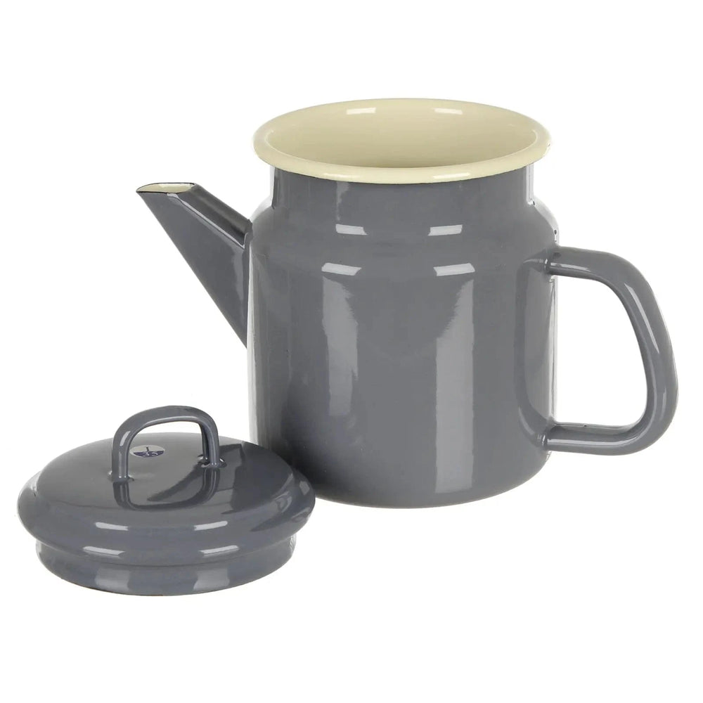 Grey coffee pot with lid off to show cream enamel interior