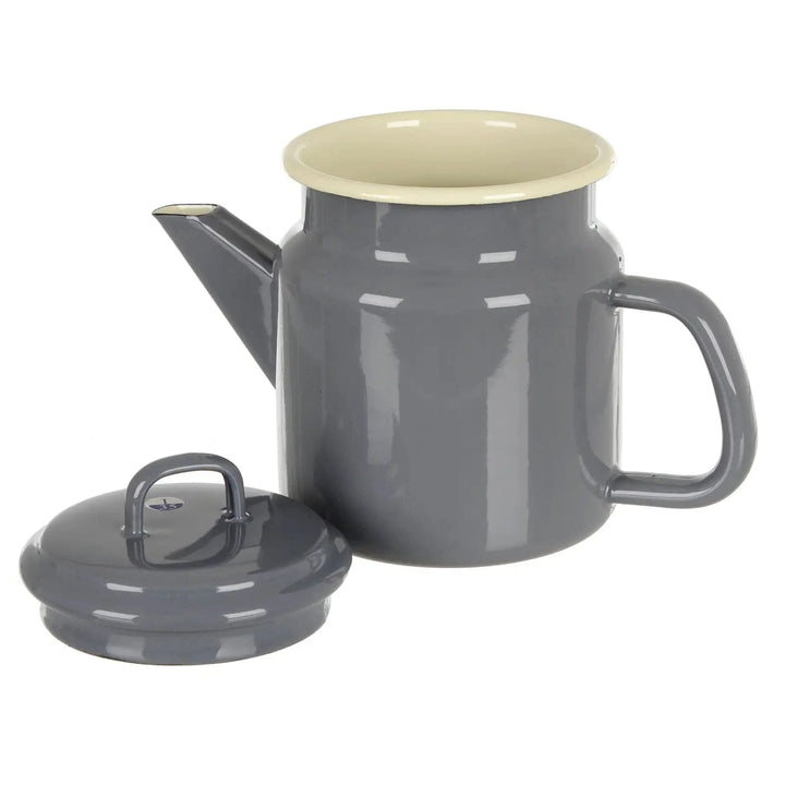 Grey coffee pot with lid off to show cream enamel interior