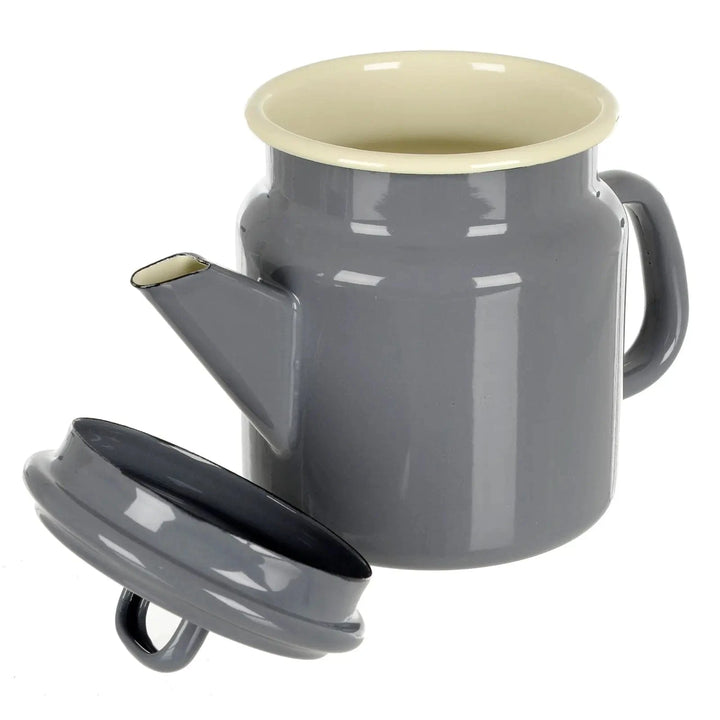 slate grey and cream enamelled coffee pot with lid off