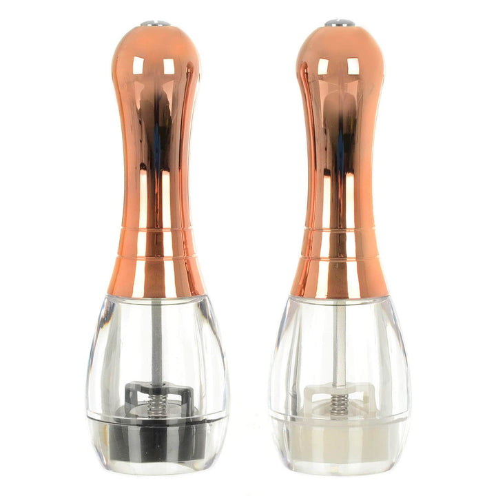 Skittle shaped salt and pepper mill set with rose gold handles