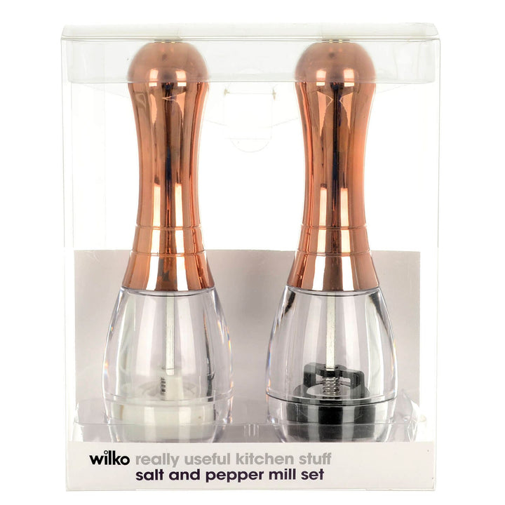 rose gold handle salt and pepper mill set in clear box packaging